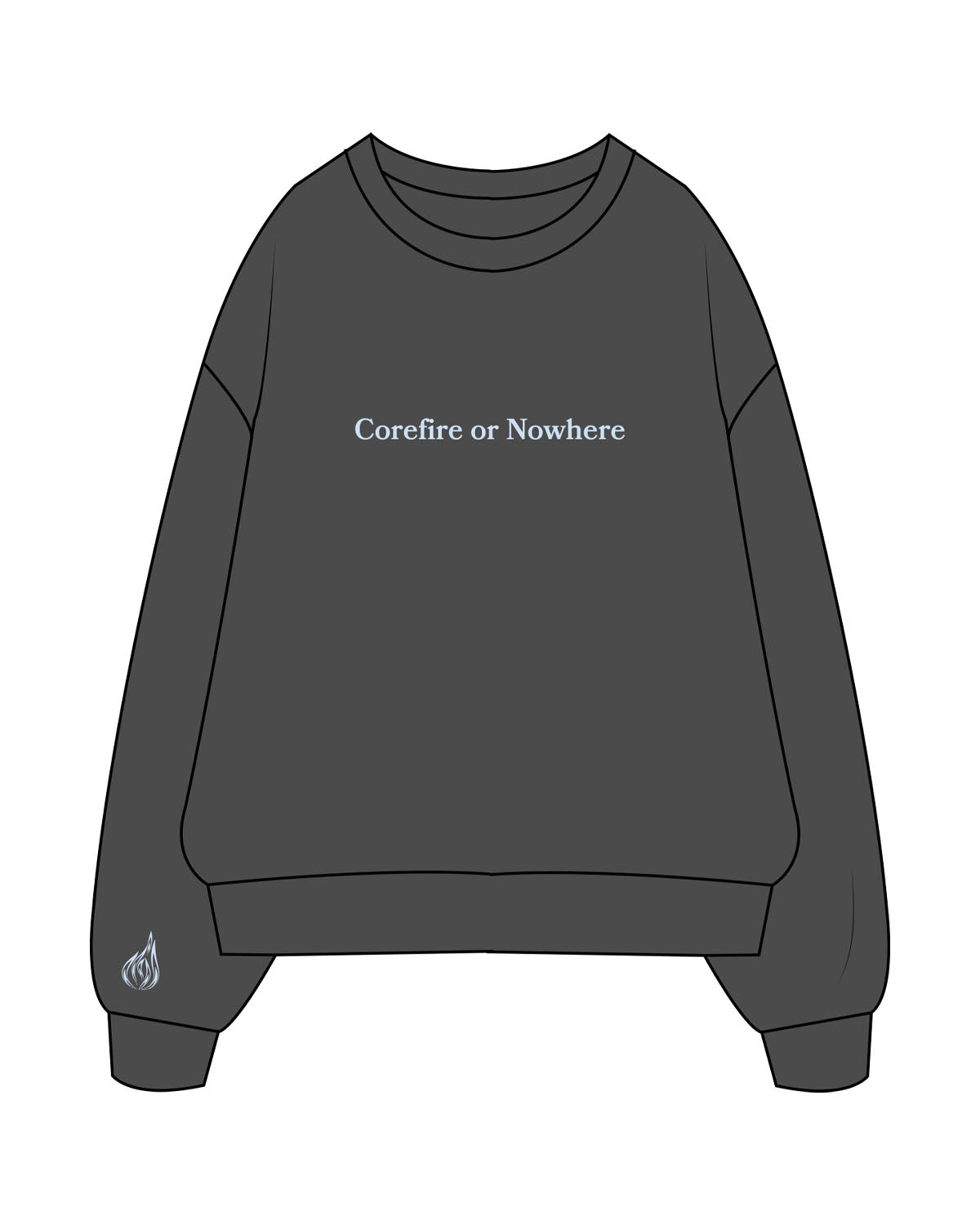 The Womens Crewneck - Washed Black - Corefire - Center Chest & Right Wrist - Light Blue
