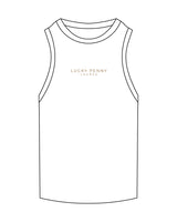The Ribbed Full Length Tank - White - Lucky Penny - Center Chest Stacked - Embroidered - Brown