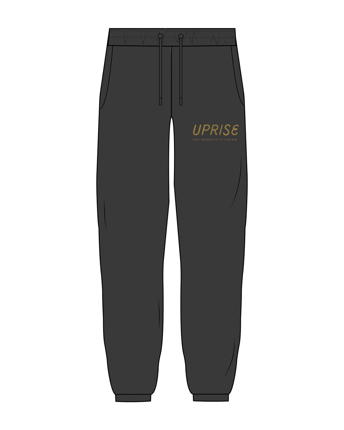 The Womens Classic Sweatpants - Washed Black - Uprise Hot Yoga - Left Leg Stacked - Printed - Full Color