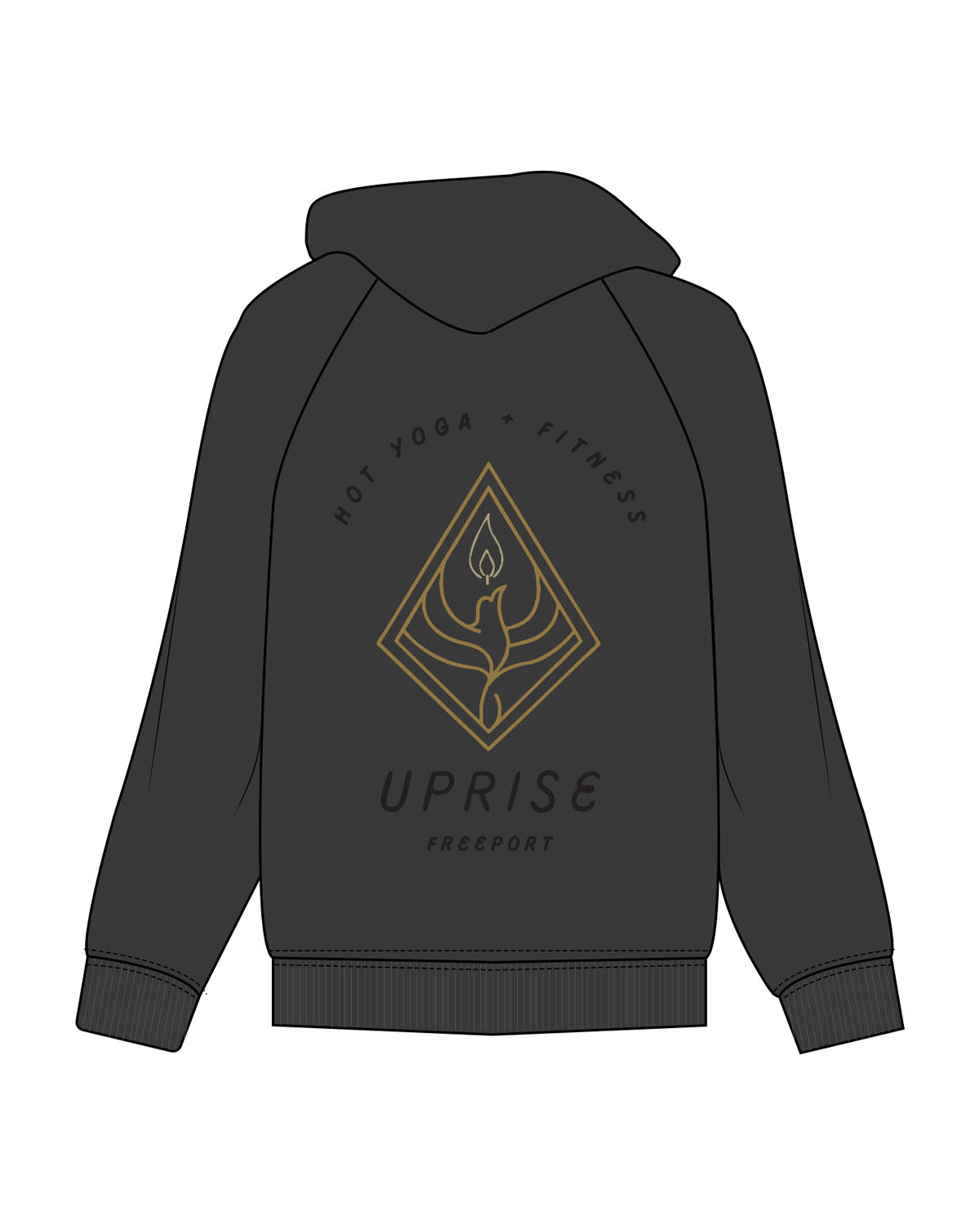 The Womens Zip Hoodie - Washed Black - Uprise Hot Yoga - Left Chest - Back Stacked - Printed - Full Color