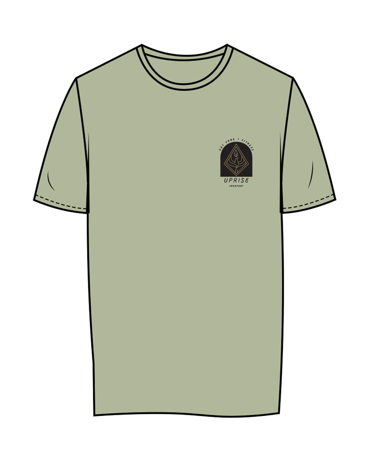 The Womens Tee - Pistachio - Uprise Hot Yoga - Left Chest Stacked - Back Neckline - Printed - Full Color