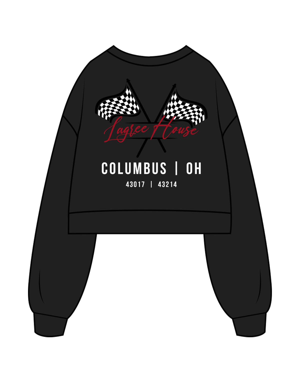 The Womens Crop Crewneck - Black - Lagree House - Left Chest Stacked & Full Back - Full Color