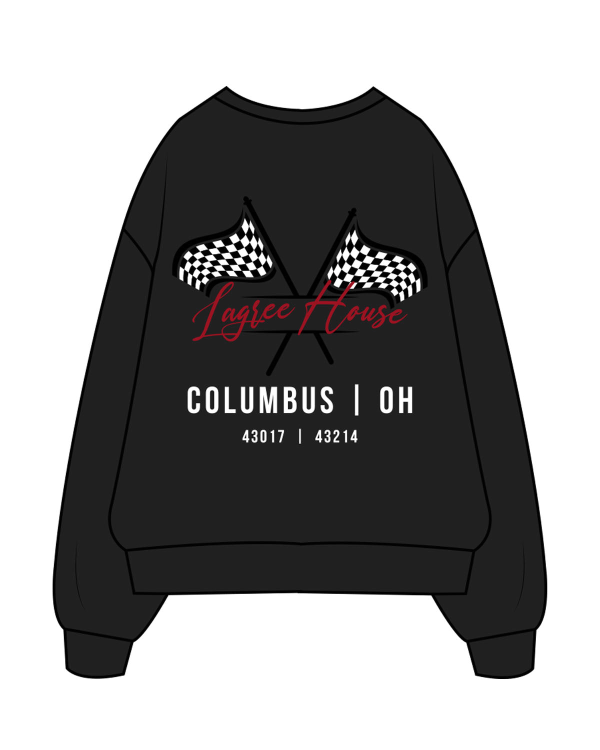 The Womens Crewneck - Black - Lagree House - Left Chest Stacked & Full Back - Flag - Full Color