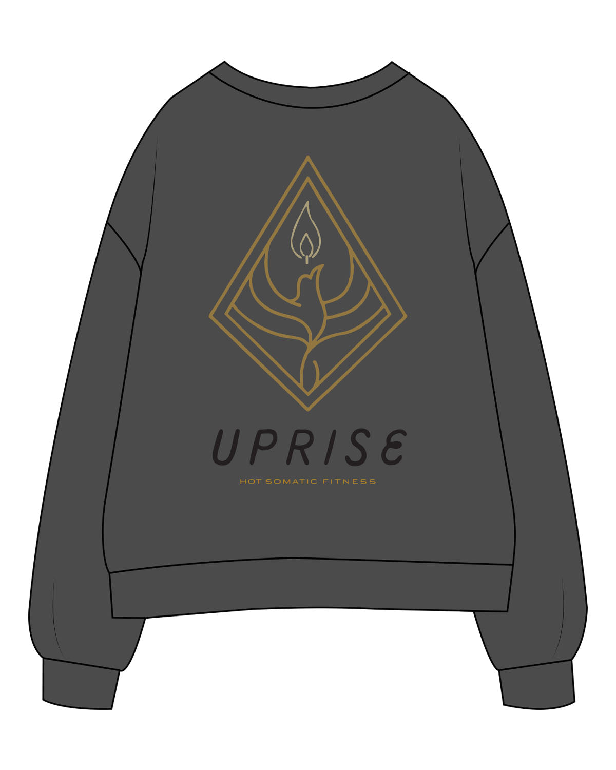 The Womens Crewneck - Washed Black - Uprise Hot Yoga - Back Stacked - Printed - Full Color