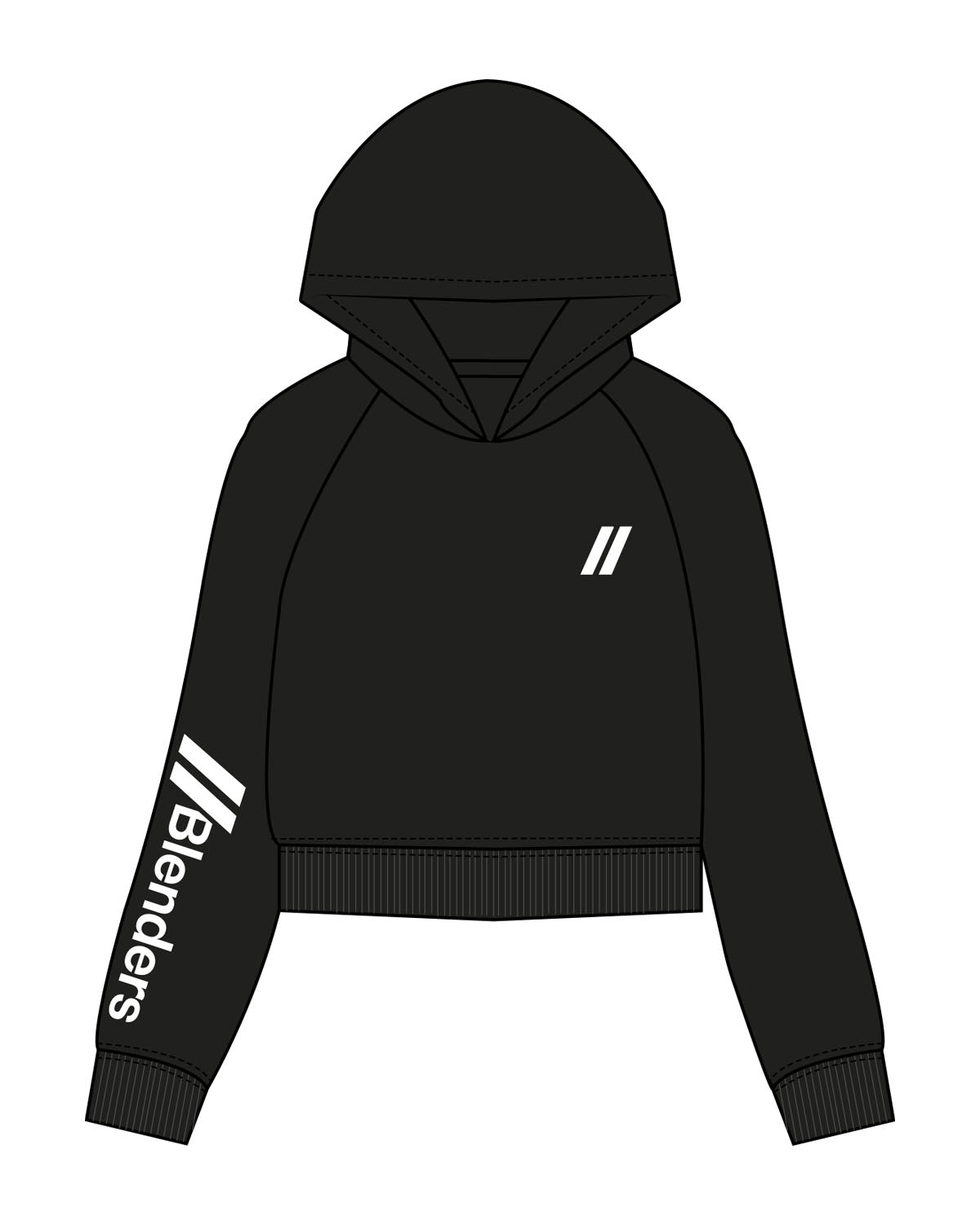 The Womens Crop Hoodie - Black - Blenders - Left Chest & Right Sleeve - Printed - White