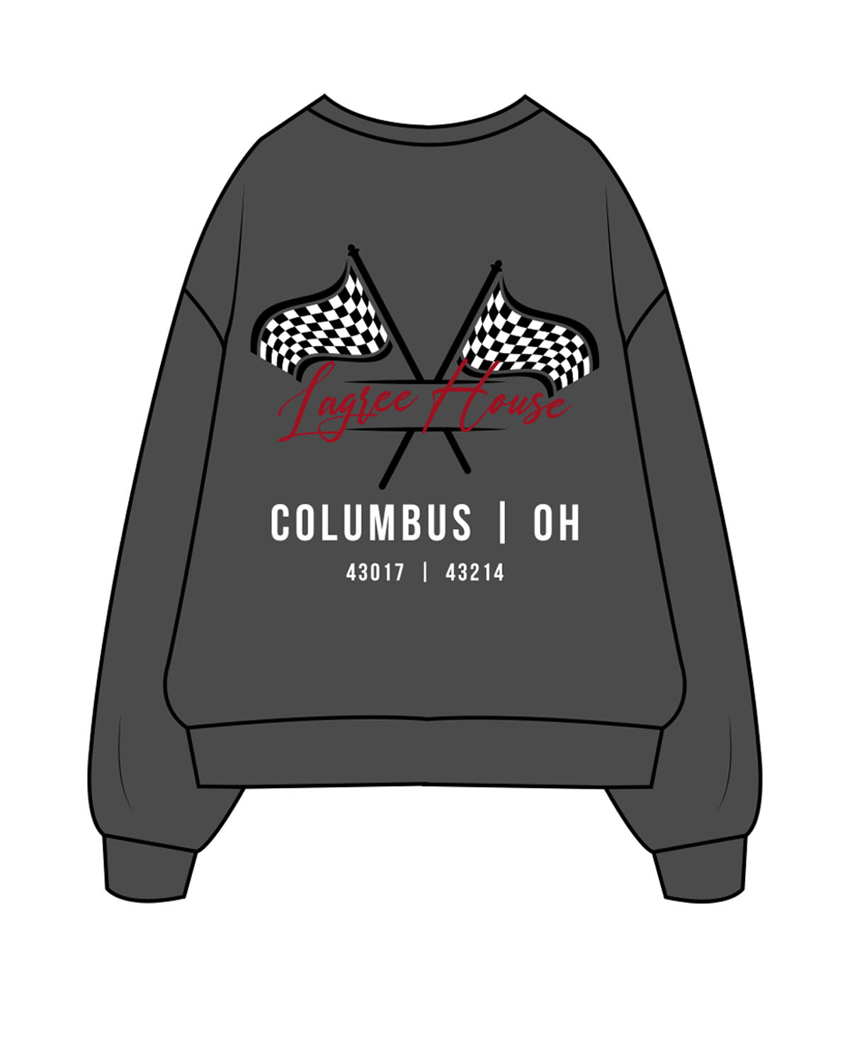 The Womens Crewneck - Washed Black - Lagree House - Left Chest & Full Back - Flag - Full Color