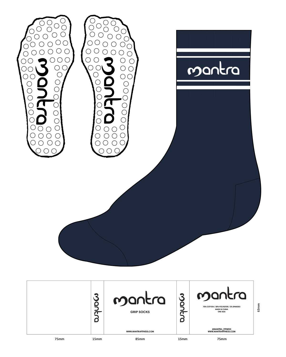 The Crew Grip Sock - Navy - Mantra - Top Dual Border - White Circle Grip - White