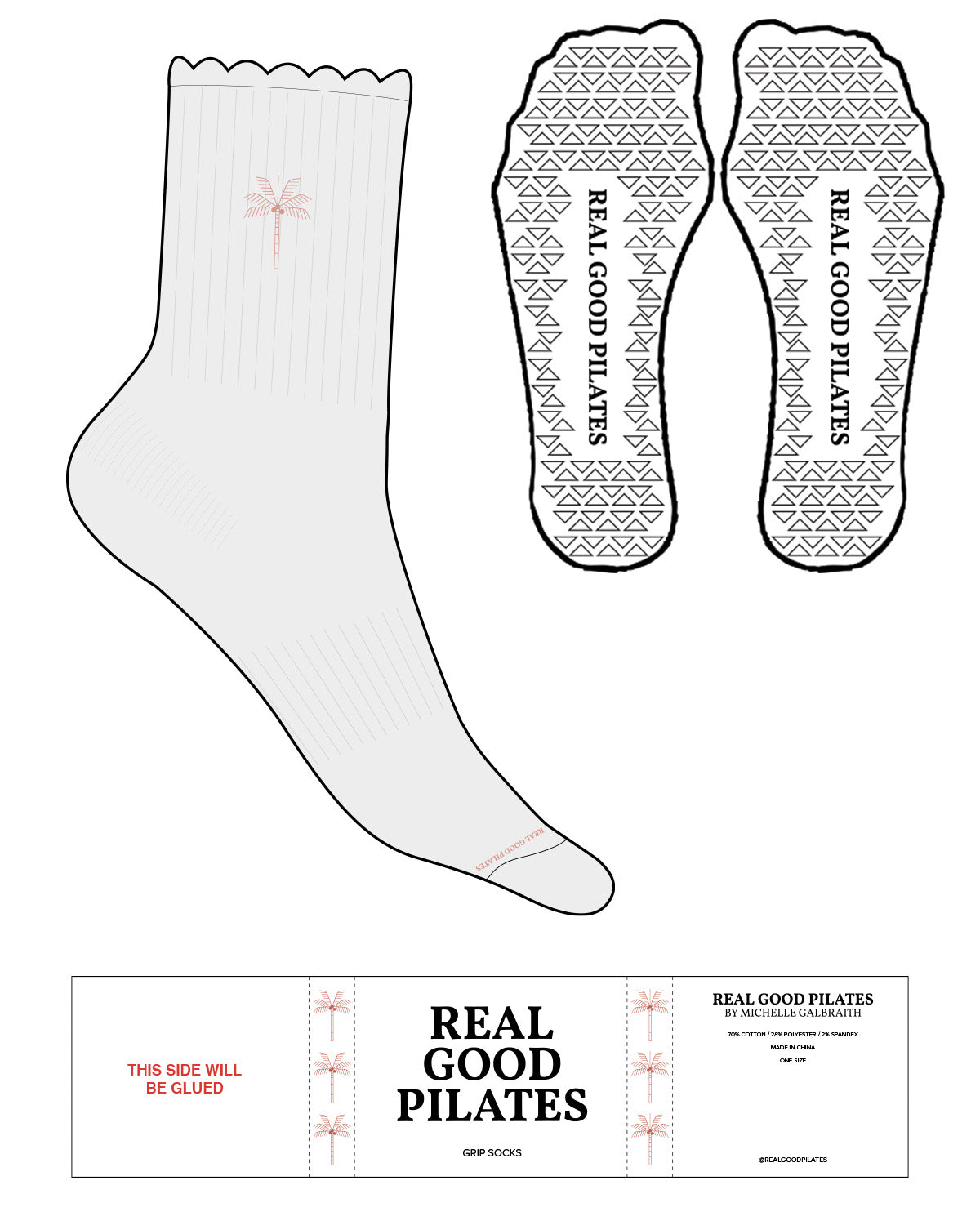The 3/4 Crew Sock - Heather - Real Good Pilates - Top & Tip Toe Logos - Terracotta (bc6352) - Triangle Shape Grips - Transparent