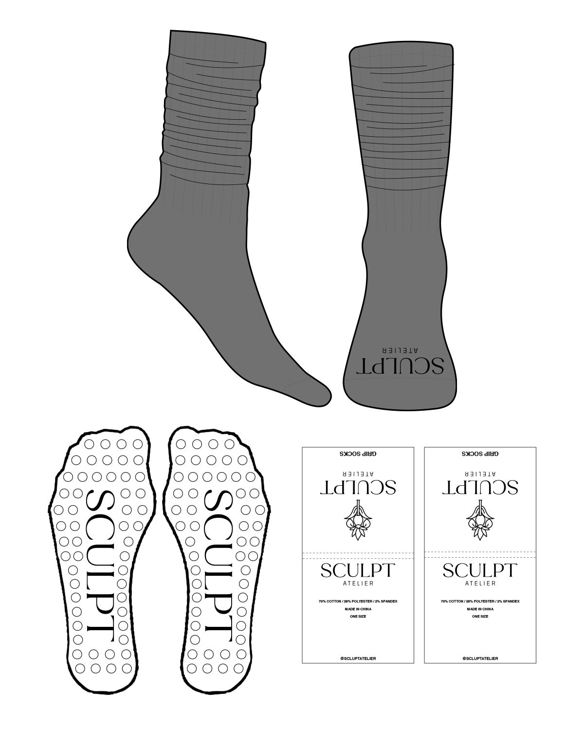 The Slouch Sock - Charcoal - Sculpt Atelier - Toe - Black Circle Grip - Black