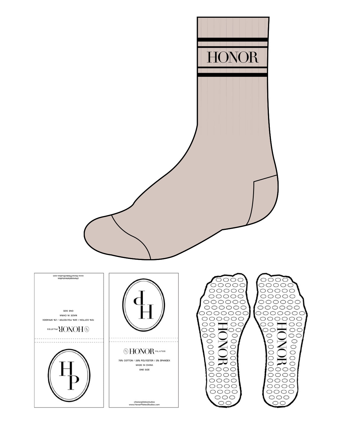 The Crew Sock - Unfussy Beige - Honor Pilates - Top Dual Border & Oval Grip - Black