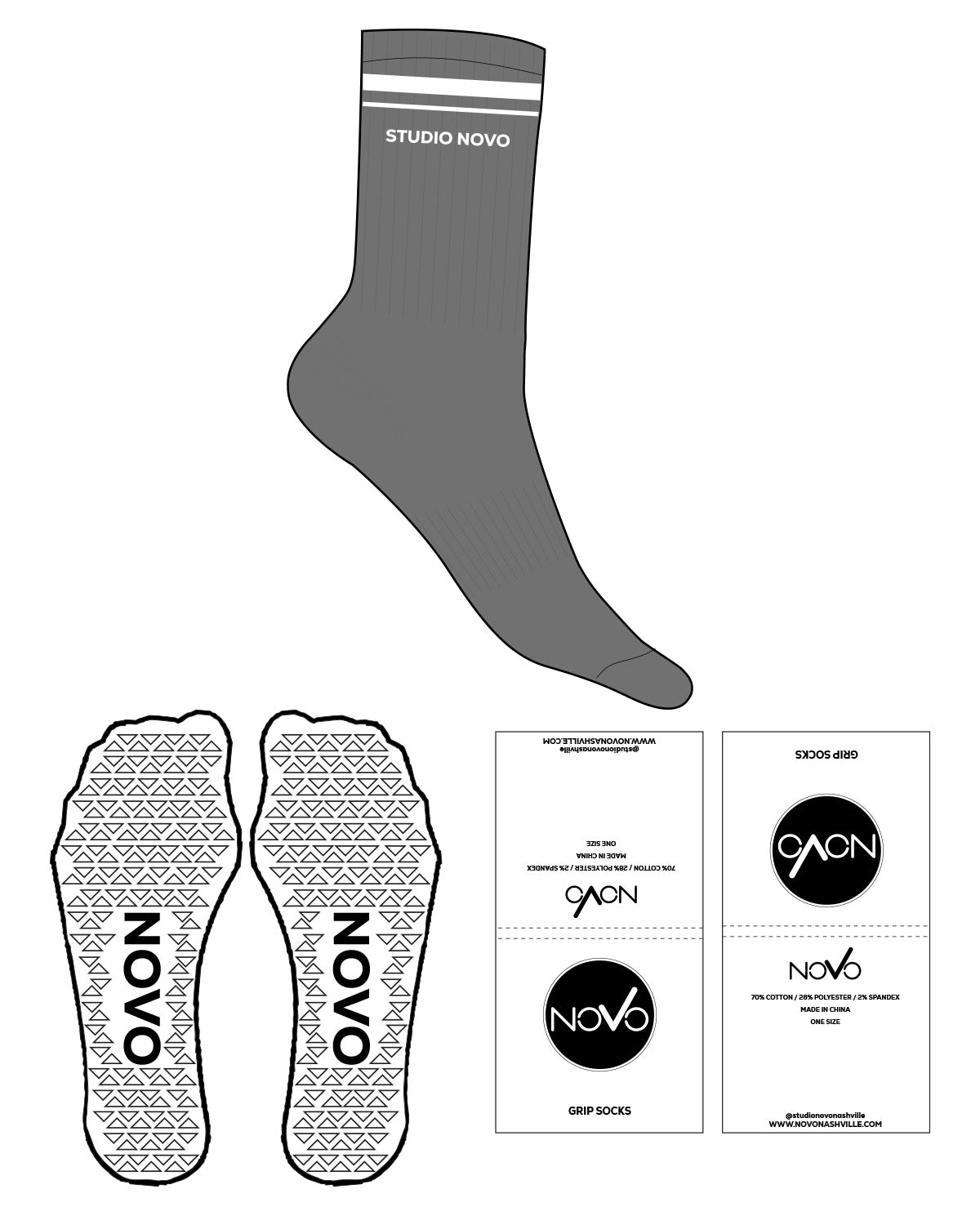 The Crew Sock - Charcoal - Studio Novo - 2 Strips - Top Logo "STUDIO NOVO" - White - Triangle Shape Grip - Transparent