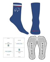 The Crew Sock - Blue-D170 - Reform Fitness - 2 Strips - Top & Front Logo - Full Color Red-D149 / Blue-D170 - Hexagon Shape Grip - White