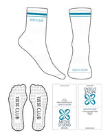 The 3/4 Crew Sock - White - Move Studio Pilates - Dual Strip - Toe & Ankle - Embroidered - Transparent Circle Grip - Blue