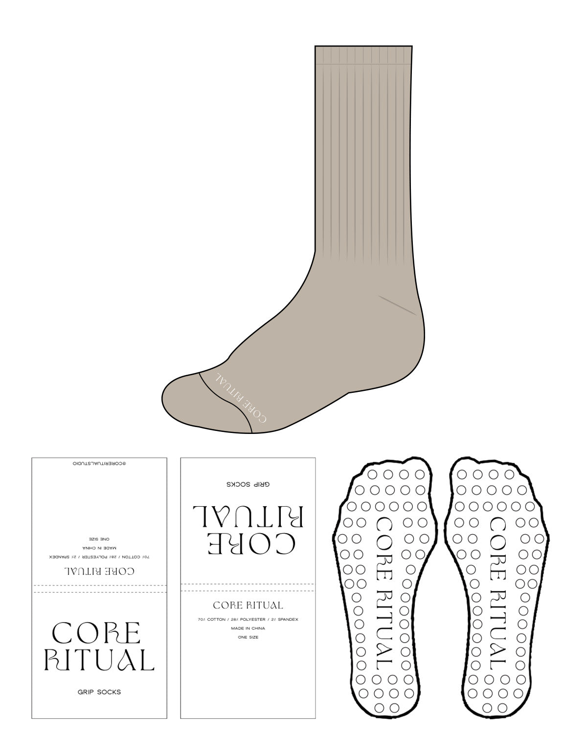 The Slouch Sock - Tan - Core Ritual - Bottom Center - Text - White - Grip - Transparent Circle Grip