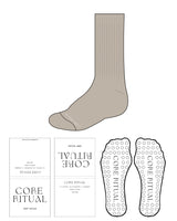 The Slouch Sock - Tan - Core Ritual - Bottom Center - Text - White - Grip - Transparent Circle Grip