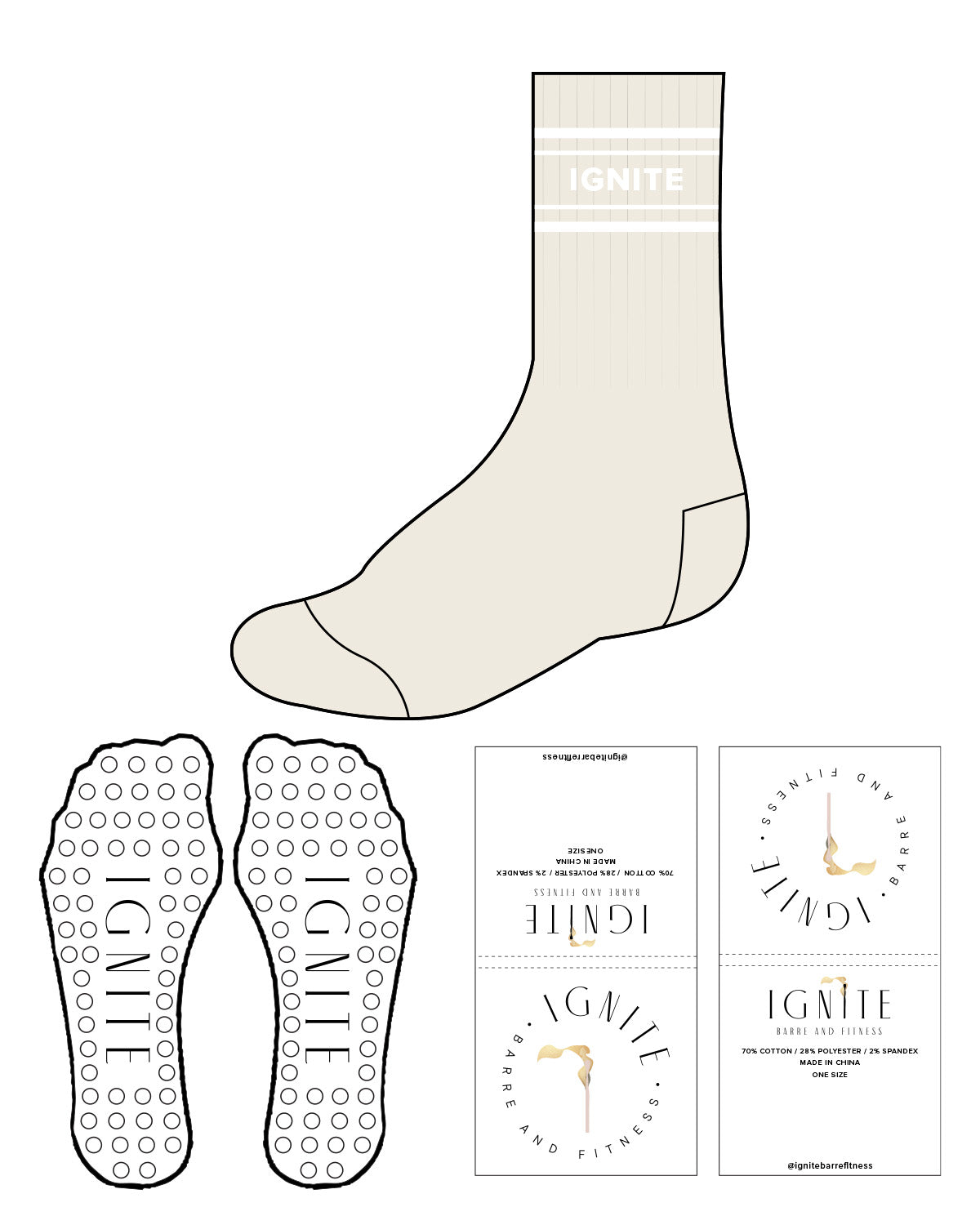The Crew Sock - Off White - Ignite Barre & Fitness - 4 Strips - IGNITE Logo in Middle - White - Circle Shape Grip - Transparent