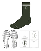 The Crew Sock - Olive - Lucky Penny - "2 Strips" - Top & Front Logo - White - Hexagon Shape Grip - Transparent