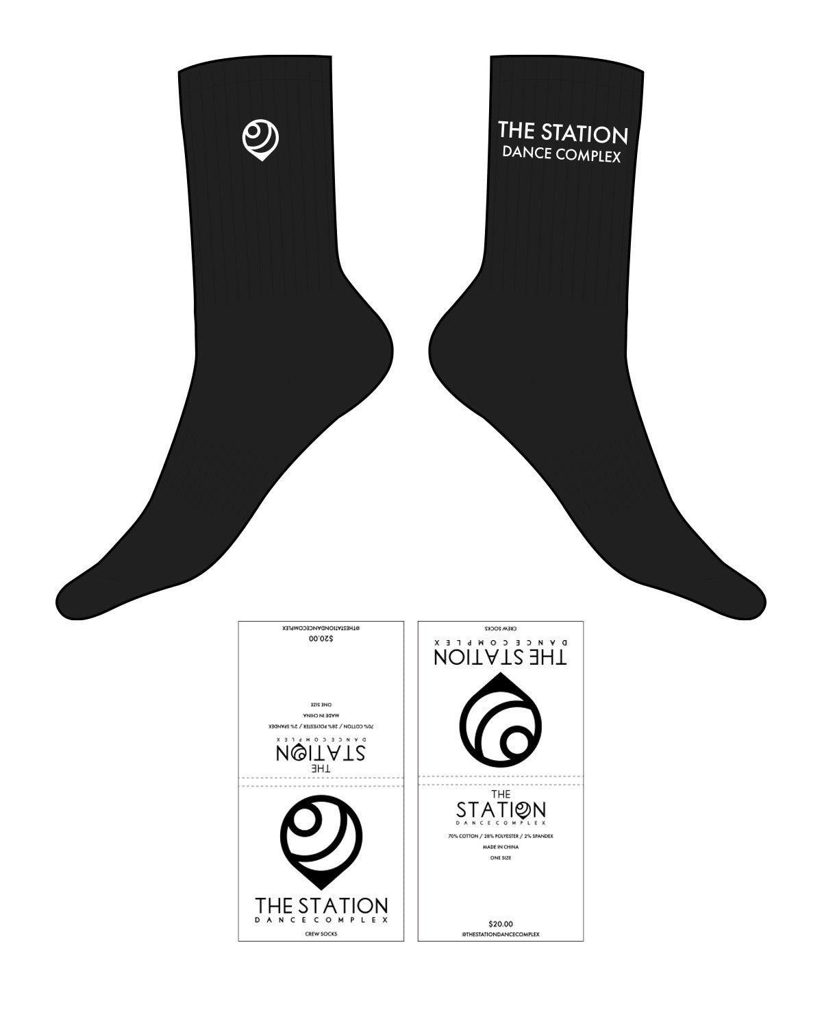 The Crew Sock - Black - TSDC - Top Left Side Round & Right Side Stacked - White