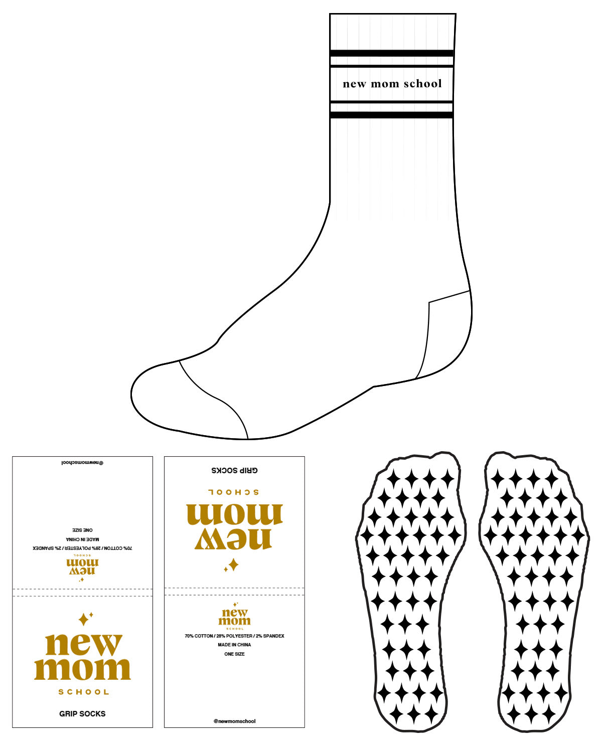 The Crew Sock - White - New Mom School - Top Dual Border & Star Grip - Black