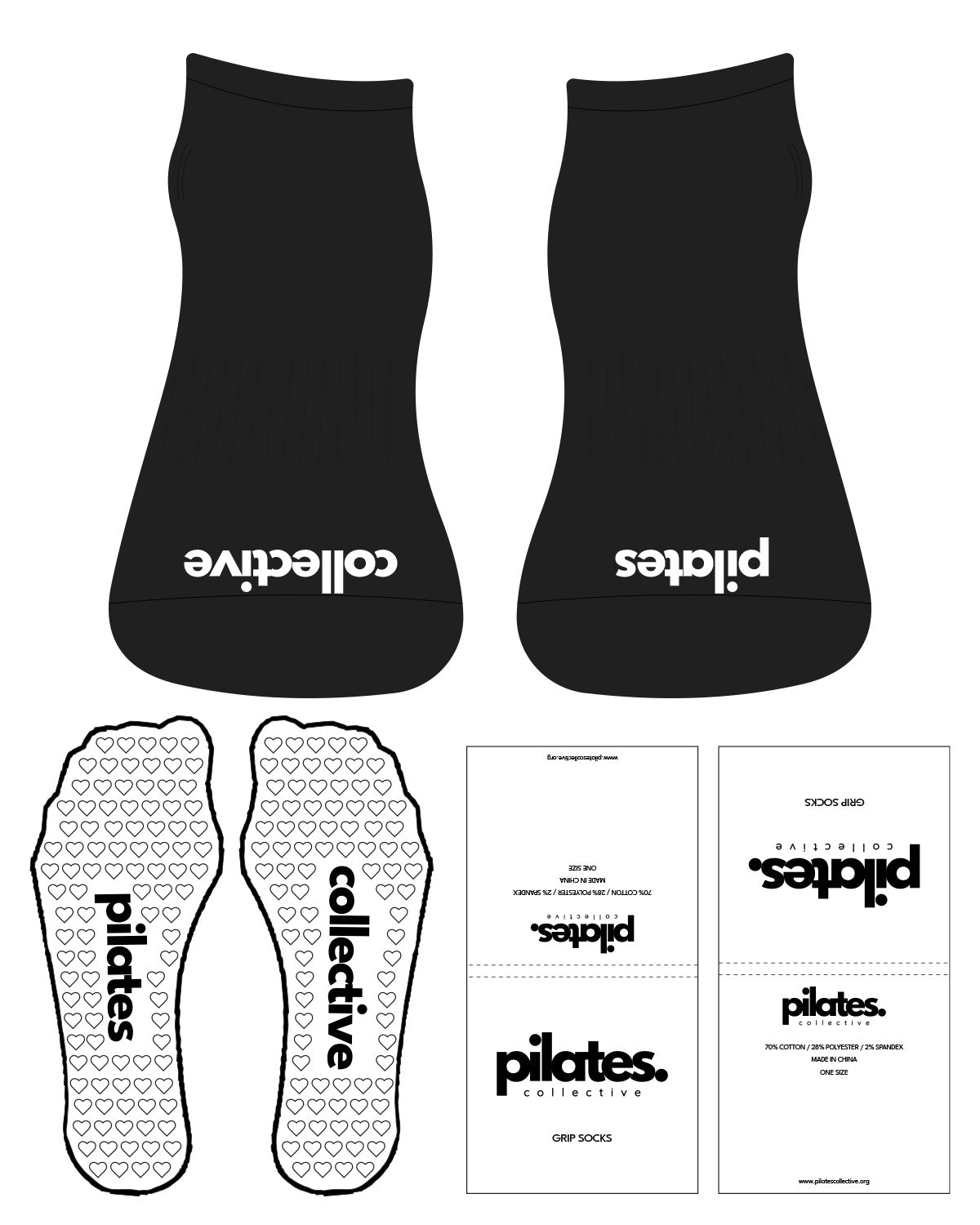 The Ankle Sock - Black - Pilates Collective - Front Logo - White - Heart Shape Grip - White