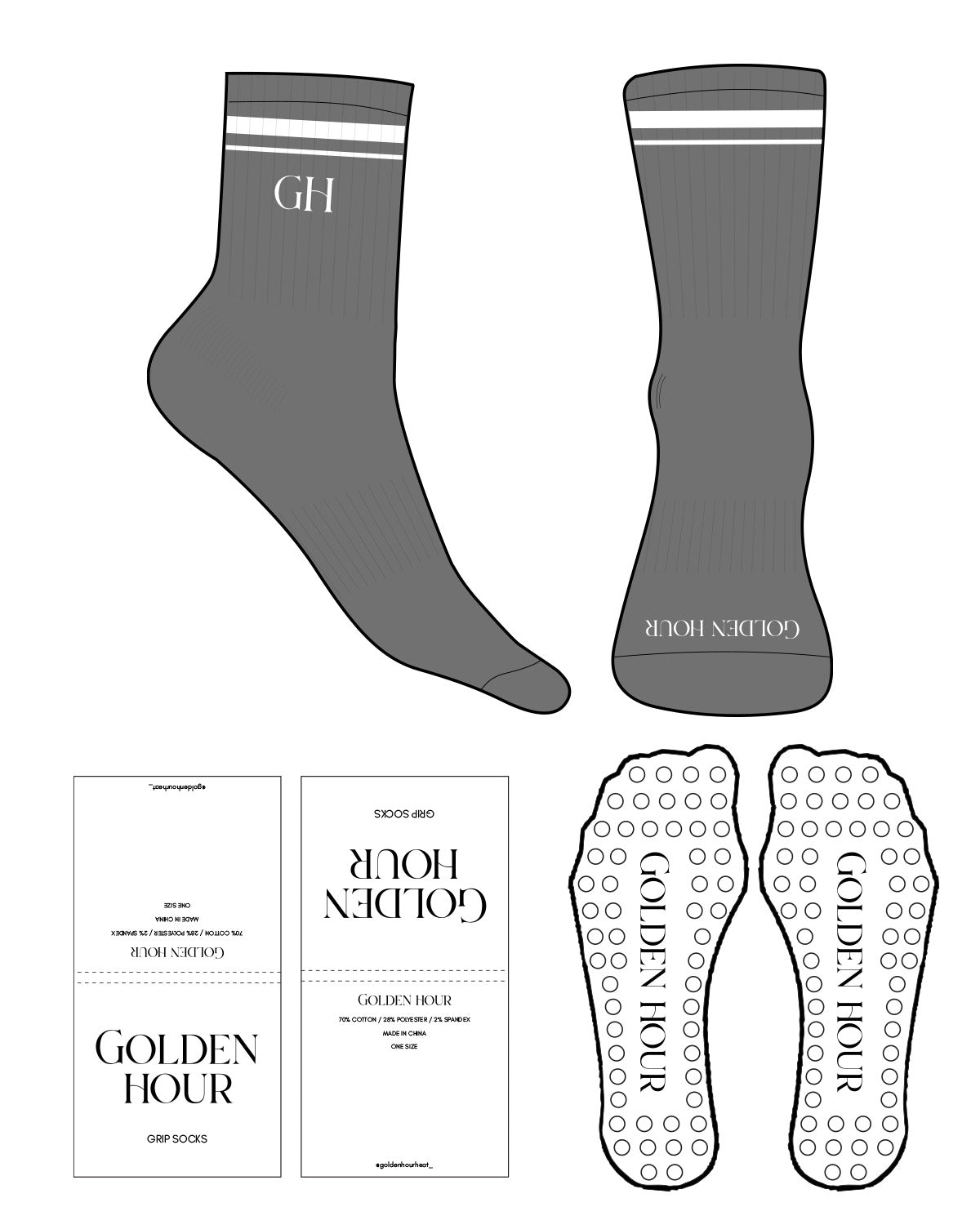 The 3/4 Crew Sock - Charcoal - Golden Hour Pilates - Top Dual Strip - "GH" Logo - Bottom Text - White - Circular Shape Grip - Transparent