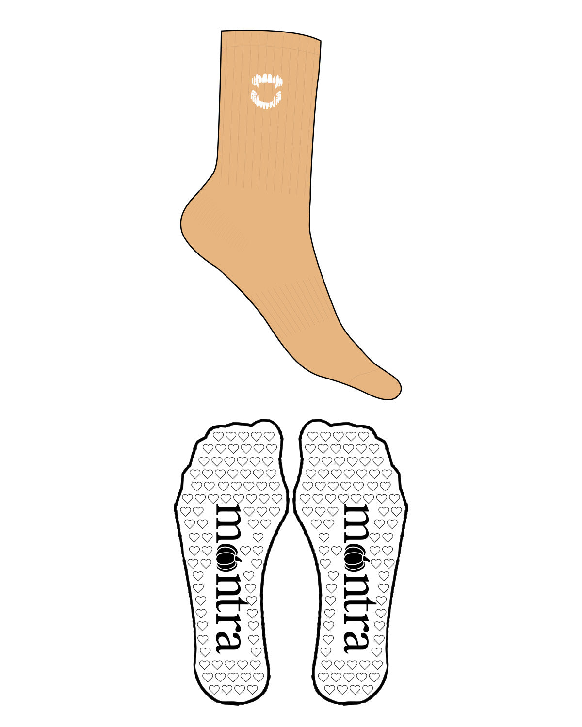 The Crew Sock - L286  - Mantra - Ankle "VAMPIRE TEETH" - Transparent Heart Grip - Embroidered - White
