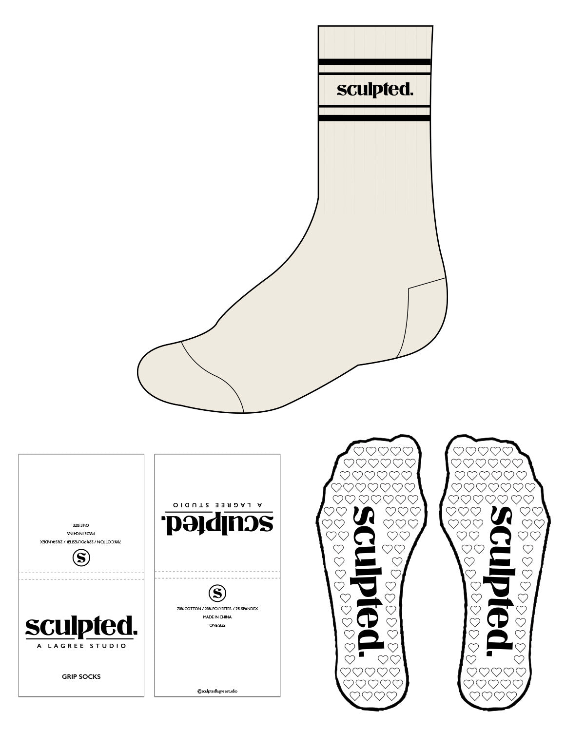 The Crew Sock - Off White - SCULPTED - Top Dual Border & Black Heart Grip - Black