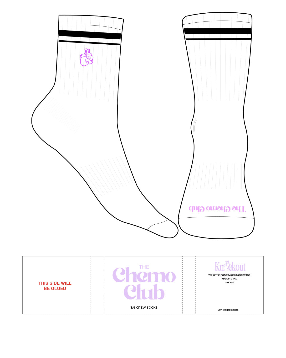 The 3/4 Crew Sock - White - Chemo Club - Toe & Ankle with Black Stripes - Purple (d34ffb)