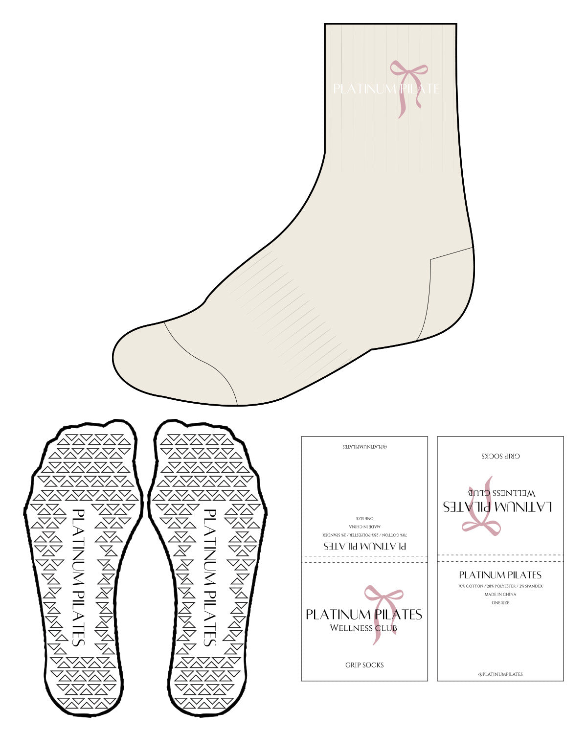 The 3/4 Crew Sock - Off White - Platinum Pilates - Top Center Ribbon - Full Color - Triangle Shape Grip - White
