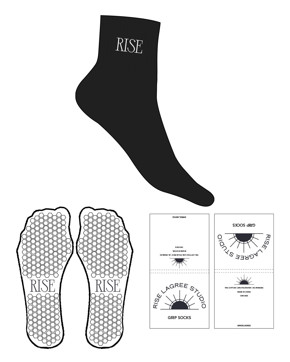 The 1/2 Crew Sock - Black - Rise Lagree - Top Text - White Hexagon Grip - White