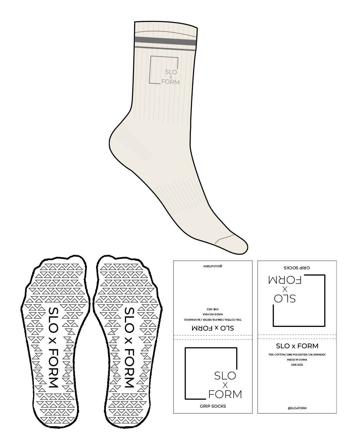 The Crew Sock - Off White - Slo x Form - Side & Thin Stripe - Transparent Triangle Grip - Charcoal