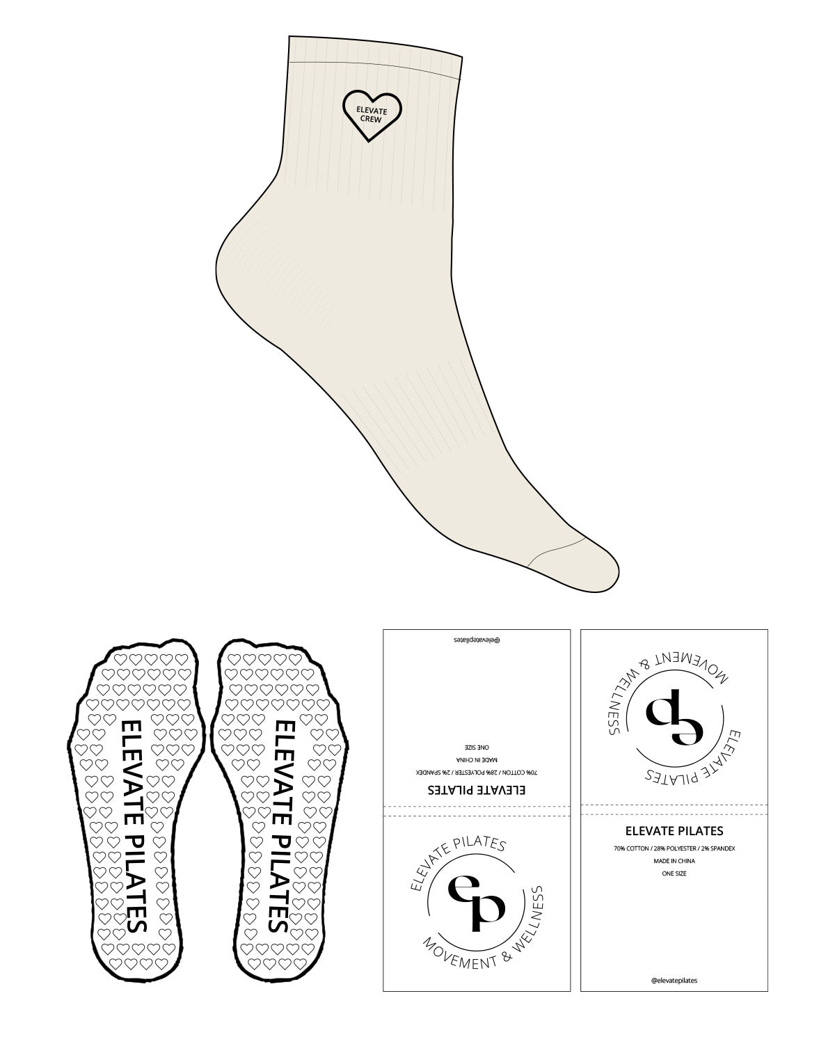 The 3/4 Crew Sock - Off White - Elevate Pilates - Top Logo "Heart" - Embroidered - Black - Heart Shape Grip - Transparent