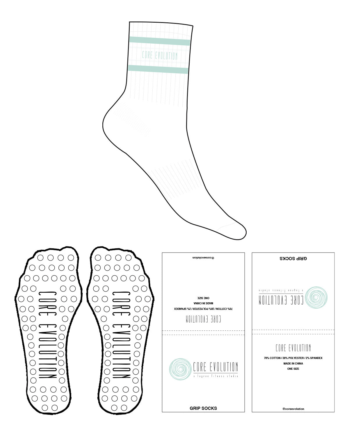 The 3/4 Crew Sock - White - Core Evolution - Top with Border "CORE EVOLUTION" & Circle Shape Grip - Teal