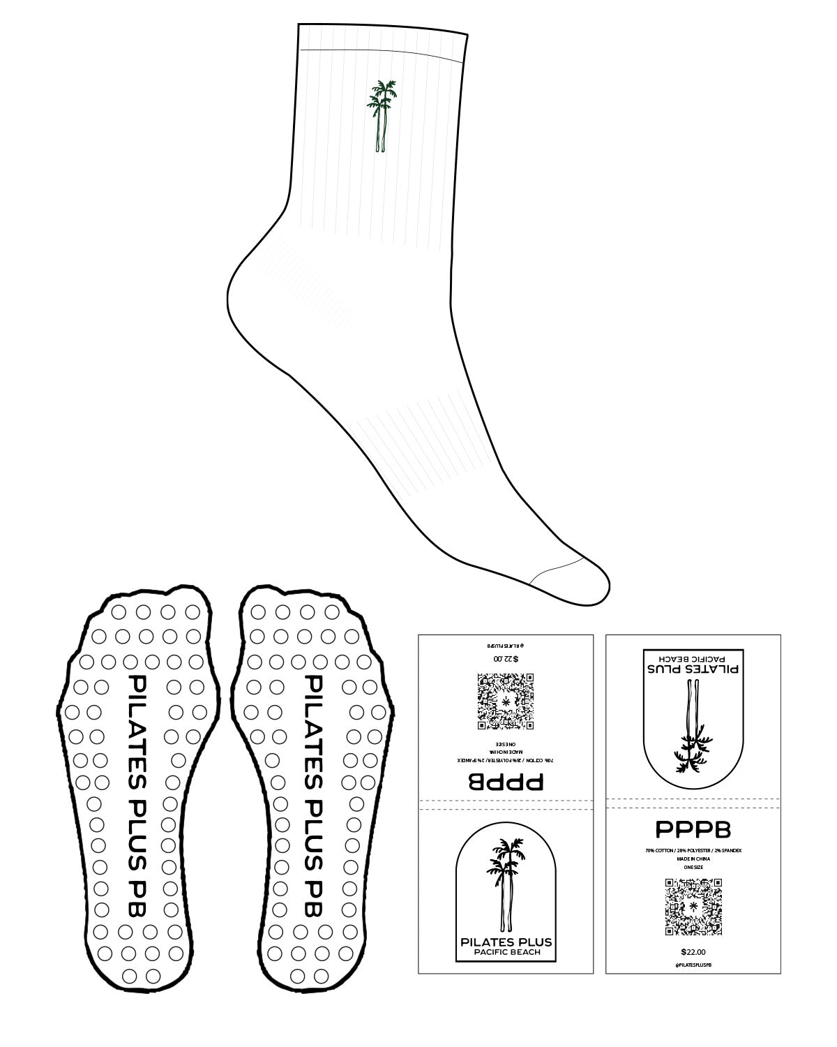 The 3/4 Crew Sock - White - Pilates Plus PB - Top Icon - Green - Circle Shape Grip - Embroidered - Green