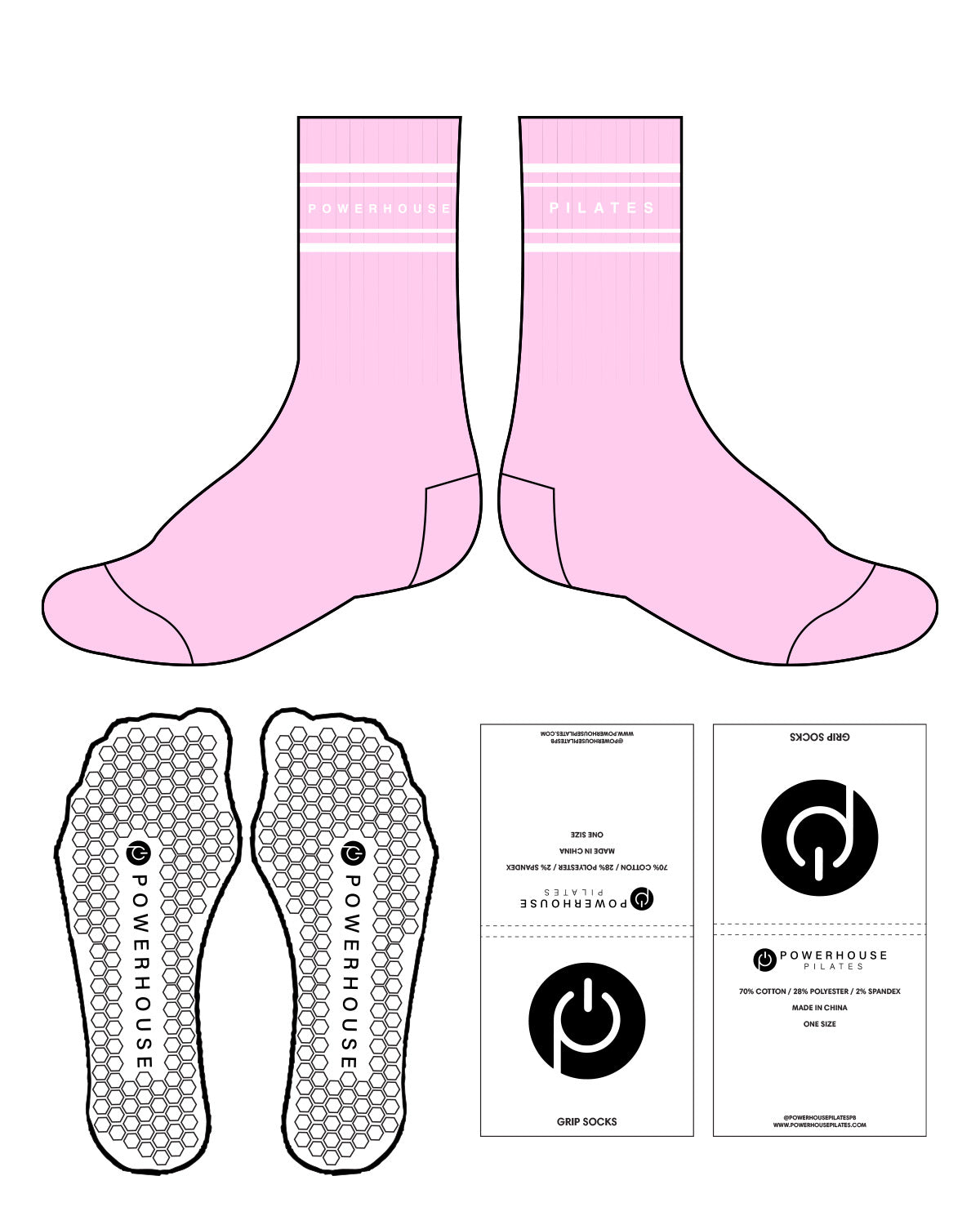 The Crew Sock - Pink(L255) - Powerhouse Pilates - Dual Strip - White - Hexagonal Shape Grip - White