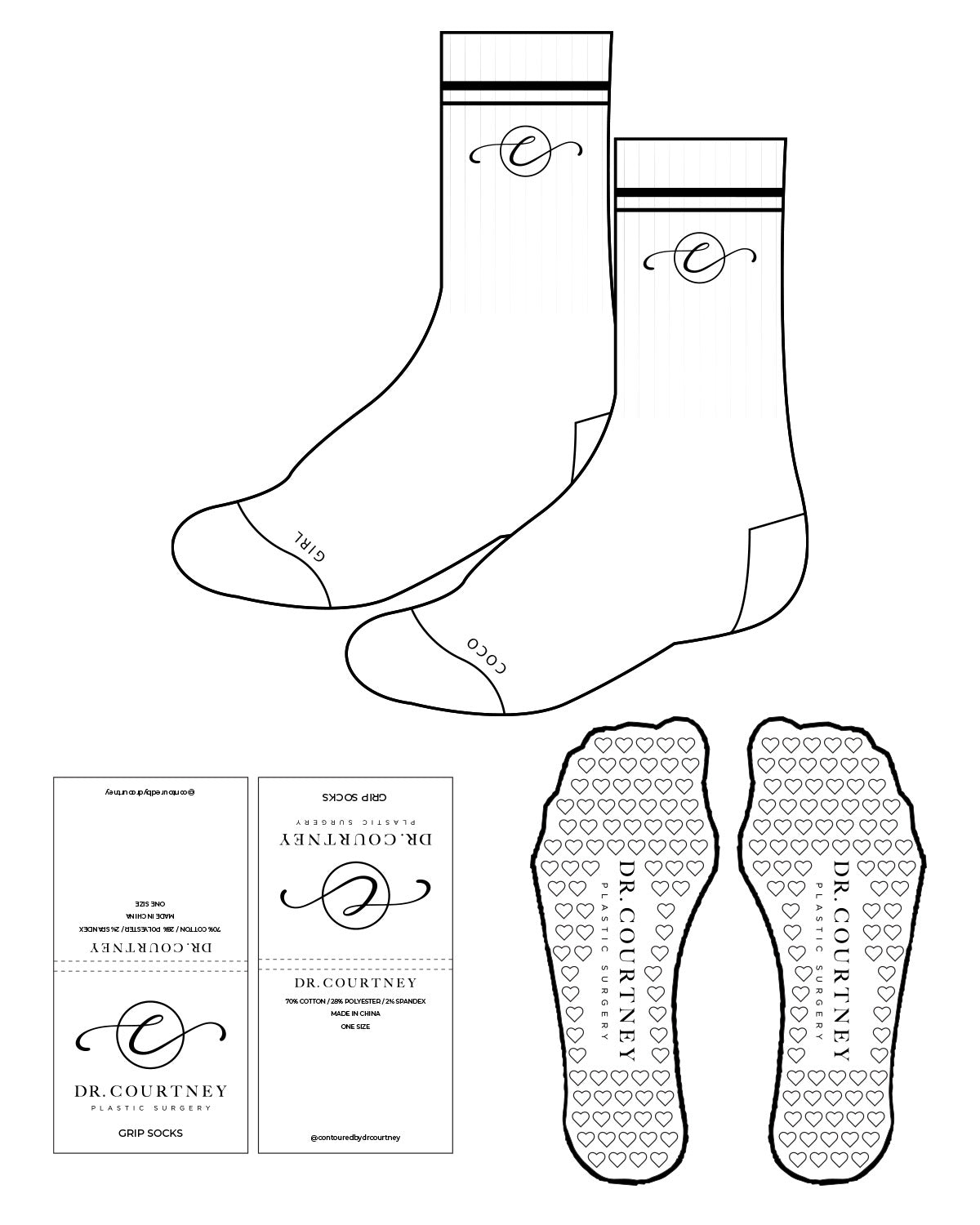 The Crew Sock - White - Dr. Courtney - 2 Lines - Center C - Bottom Text - Black - Heart Shape Grip - Pink