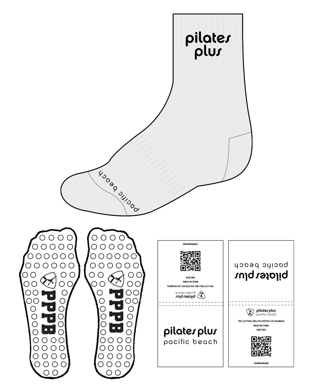 The 3/4 Crew Sock - Heather - Pilates Plus PB - Front & Top Stacked - Circle Grip - Black