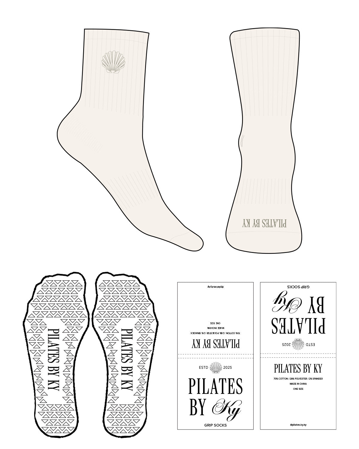 The 3/4 Crew Sock - Off White - Pilates By Ky - Top & Toe Logos - Eucalyptus - Triangle Shape Grip - Transparent