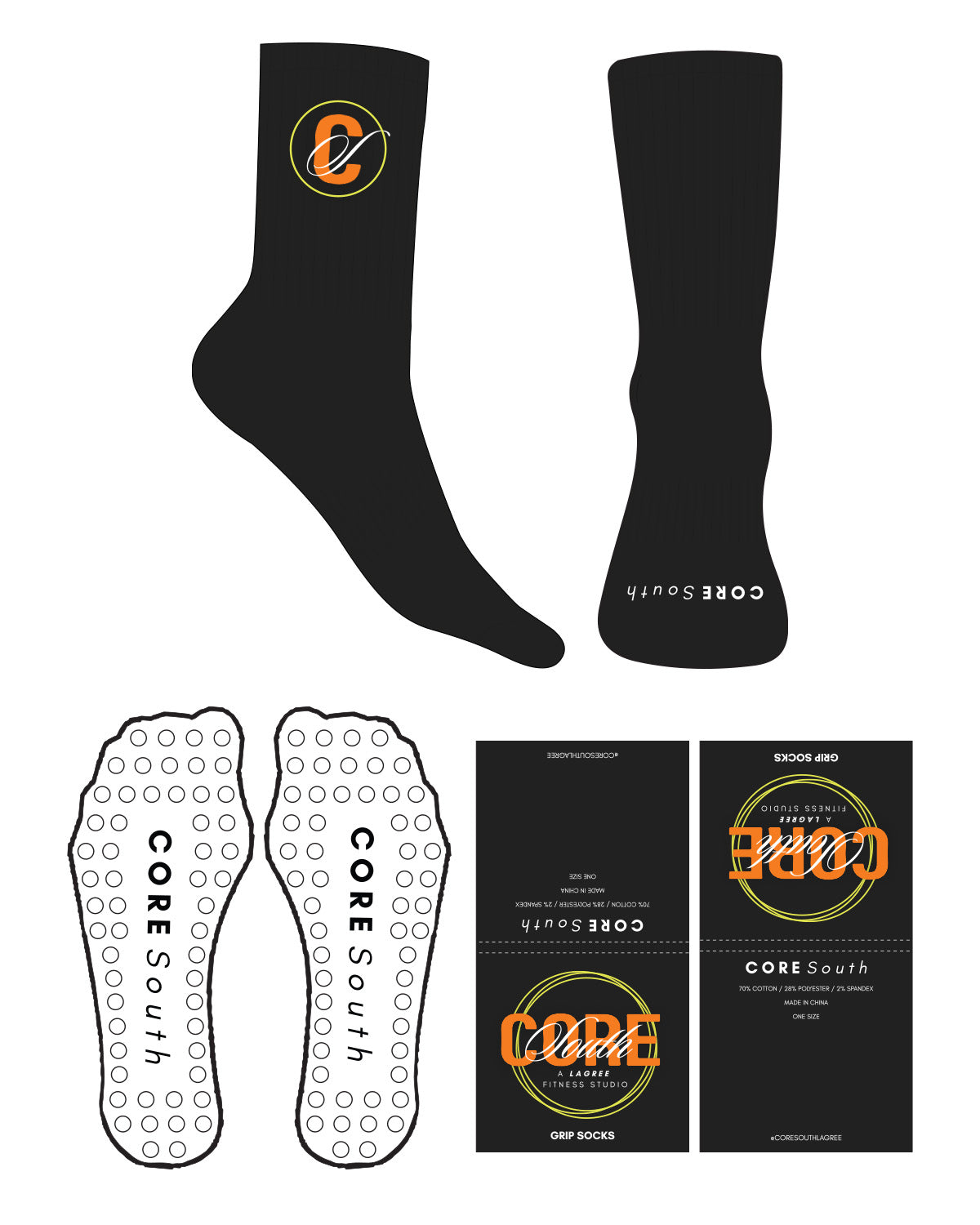The Crew Sock - Black - Core South Lagree - Front and Top Logo - Full Color - Circle Shape Grip - White