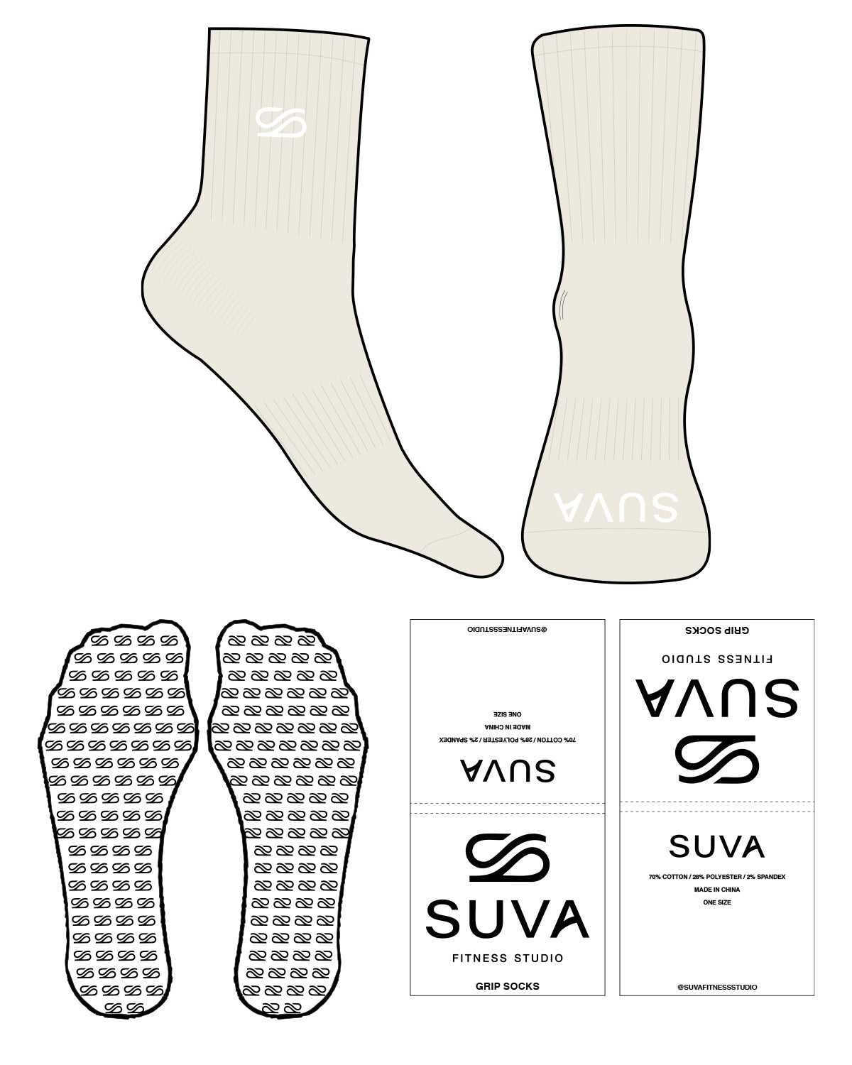The 3/4 Crew Sock - Off White - SUVA - Top & Front Logo - White - Icon Shape Grip - White