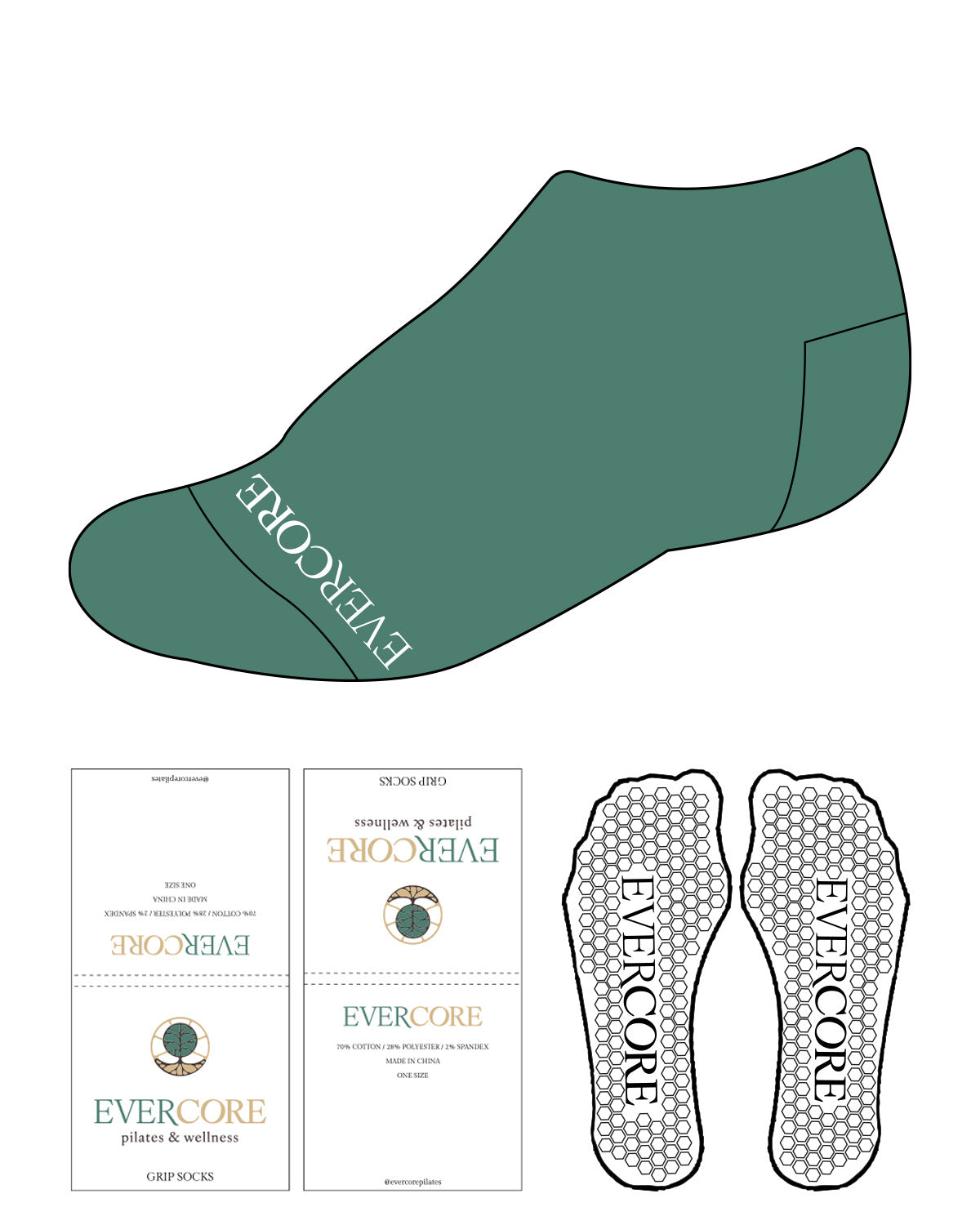 The Ankle Sock - Green - EVERCORE - Front Tip & Hexagon Grip - White