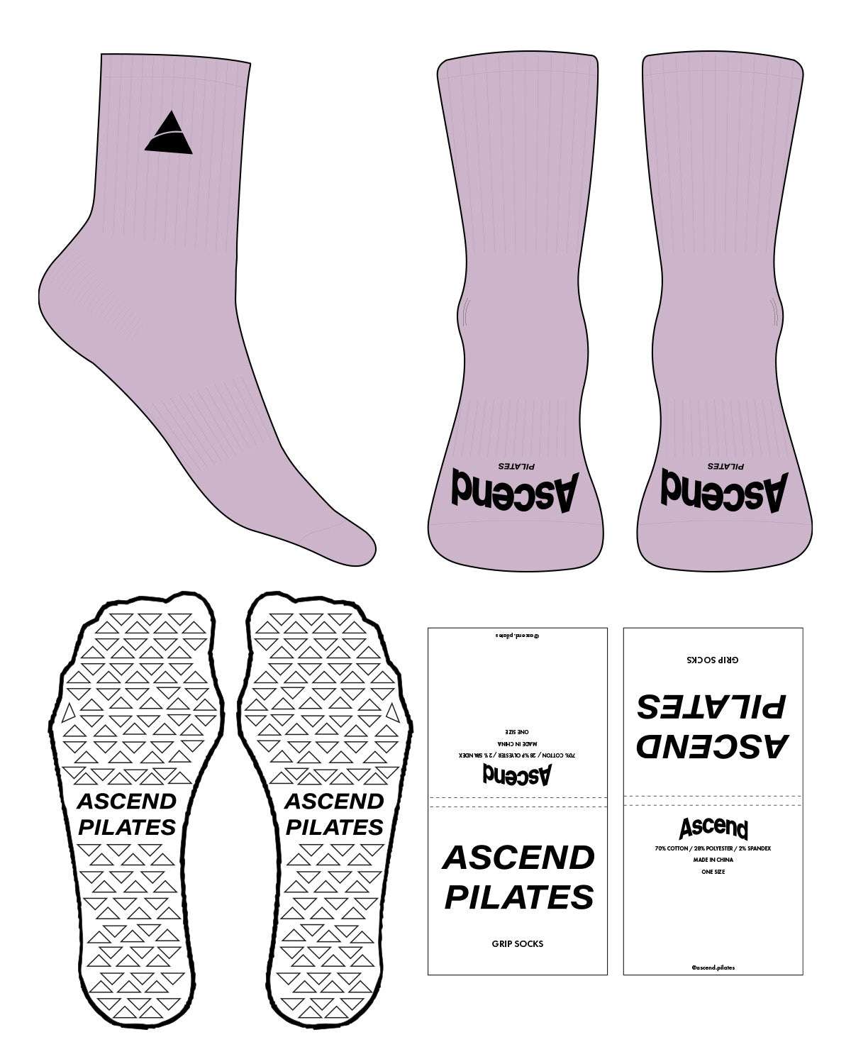 The 3/4 Crew Sock - Purple - Ascend Pilates - Front & Side - Transparent Triangle Grip - Black