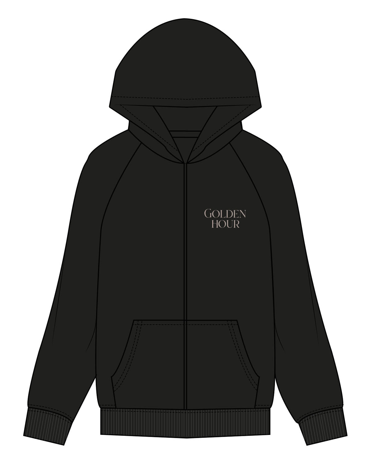 The Womens Zip Hoodie - Black - Golden Hour Pilates - Left Chest Stacked & Back - Printed - Bone