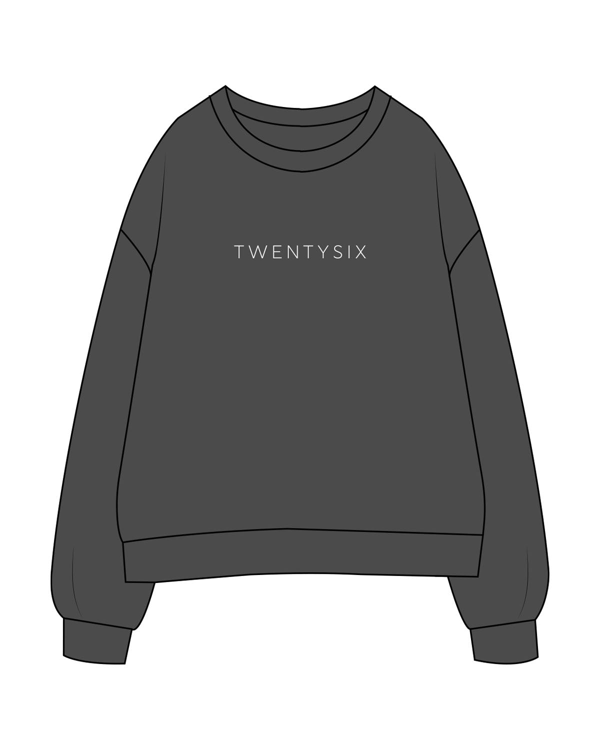 The Womens Crewneck - Washed Black - Twenty Six Fitness - Center Chest - White