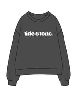 The Womens Crewneck - Washed Black - Tide & Tone Lagree - Center Chest -White