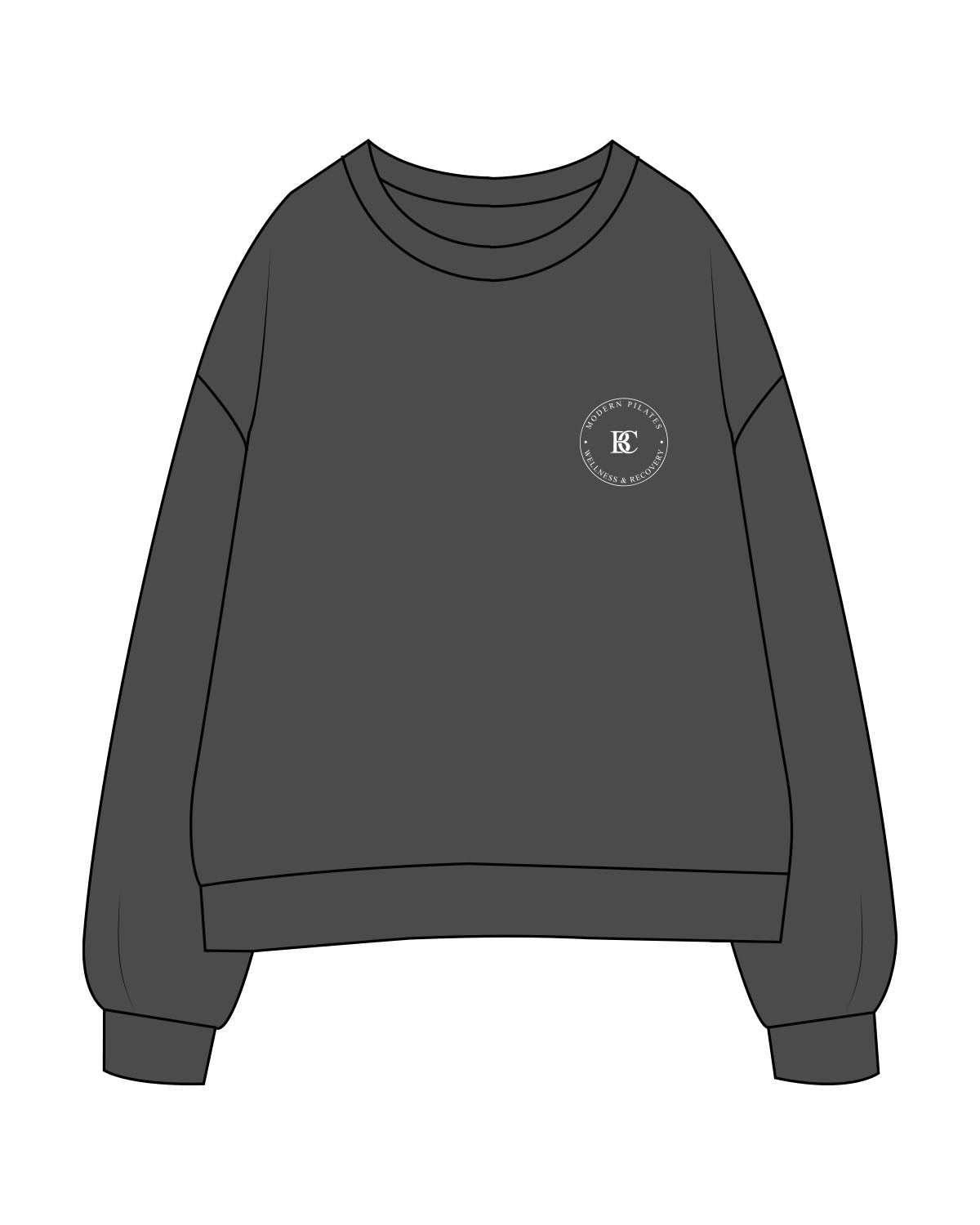 The Womens Crewneck - Washed Black - Body Core Pilates - Left Chest - White