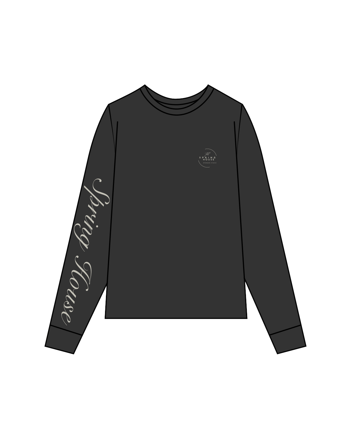 The Womens Heavyweight Long Sleeve - Washed Black - Spring House - Left Chest / Sleeve - Bone
