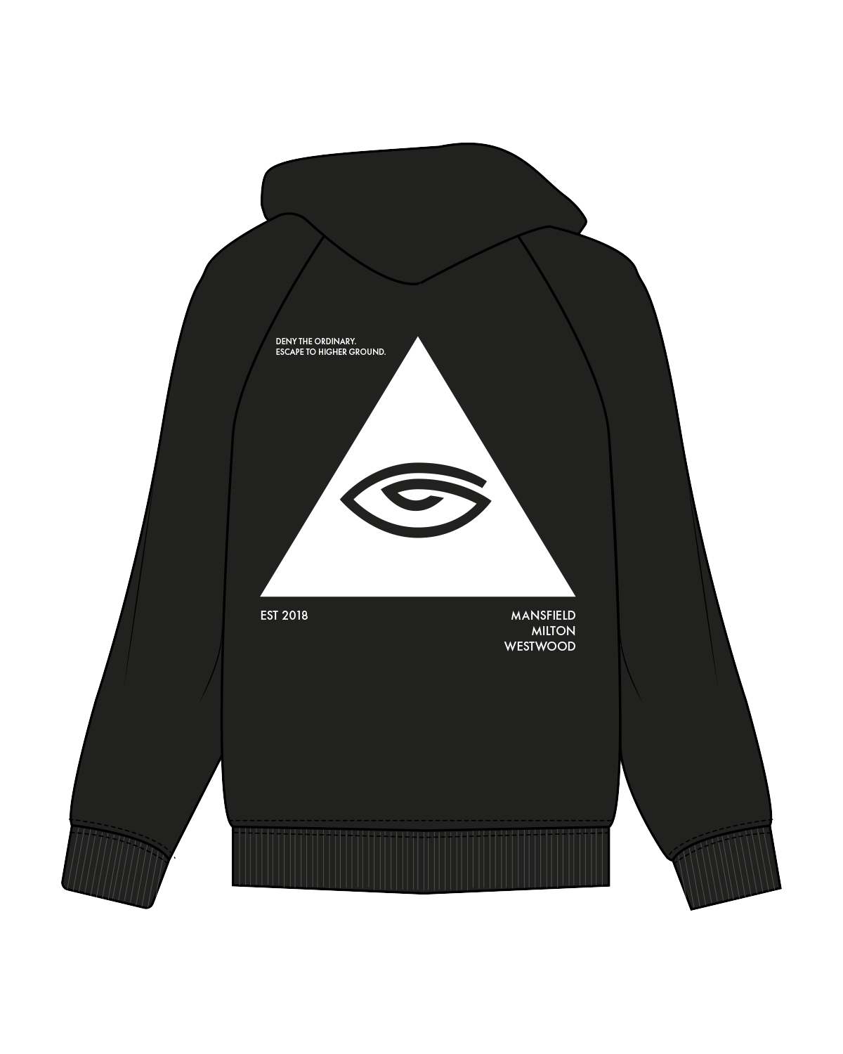 The Womens Hoodie - Black - Higher Ground - Left Chest / Back - White