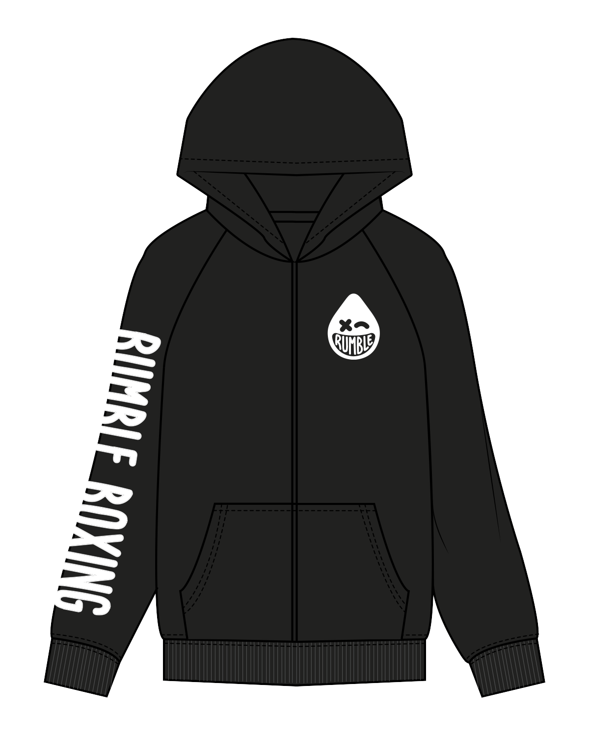 The Womens Zip Hoodie - Black - Rumble - Left Chest / Right Sleeve - White