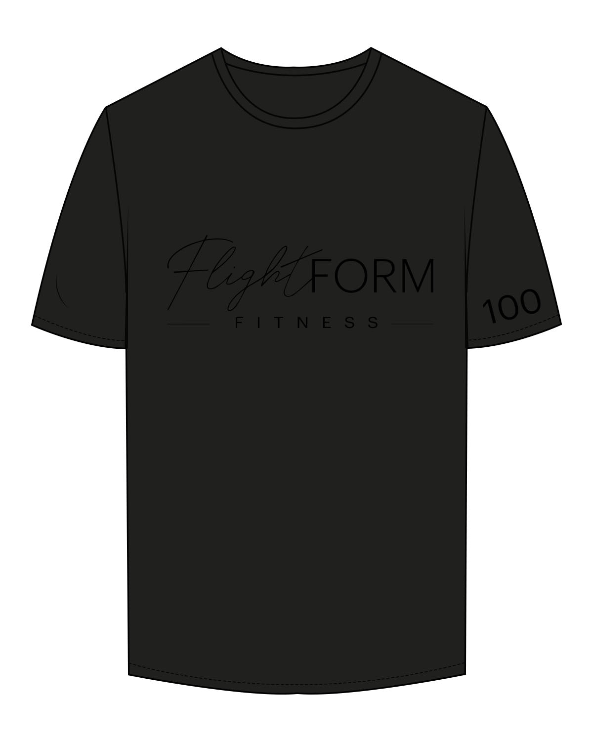 The Mens Tee - Black - Flightform - Center Chest Stacked & Left Sleeve "100" - Printed - Black